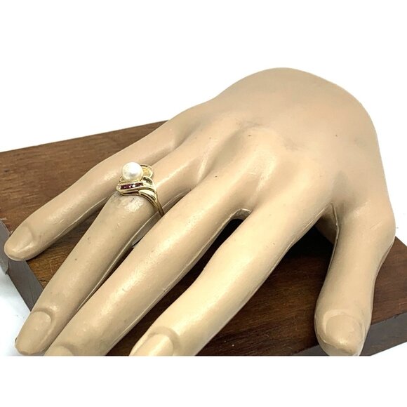 Pearl Red Gemstone Cocktail Ring 10k Yellow Gold Estate Jewelry Women's Size 7 - Picture 14 of 14